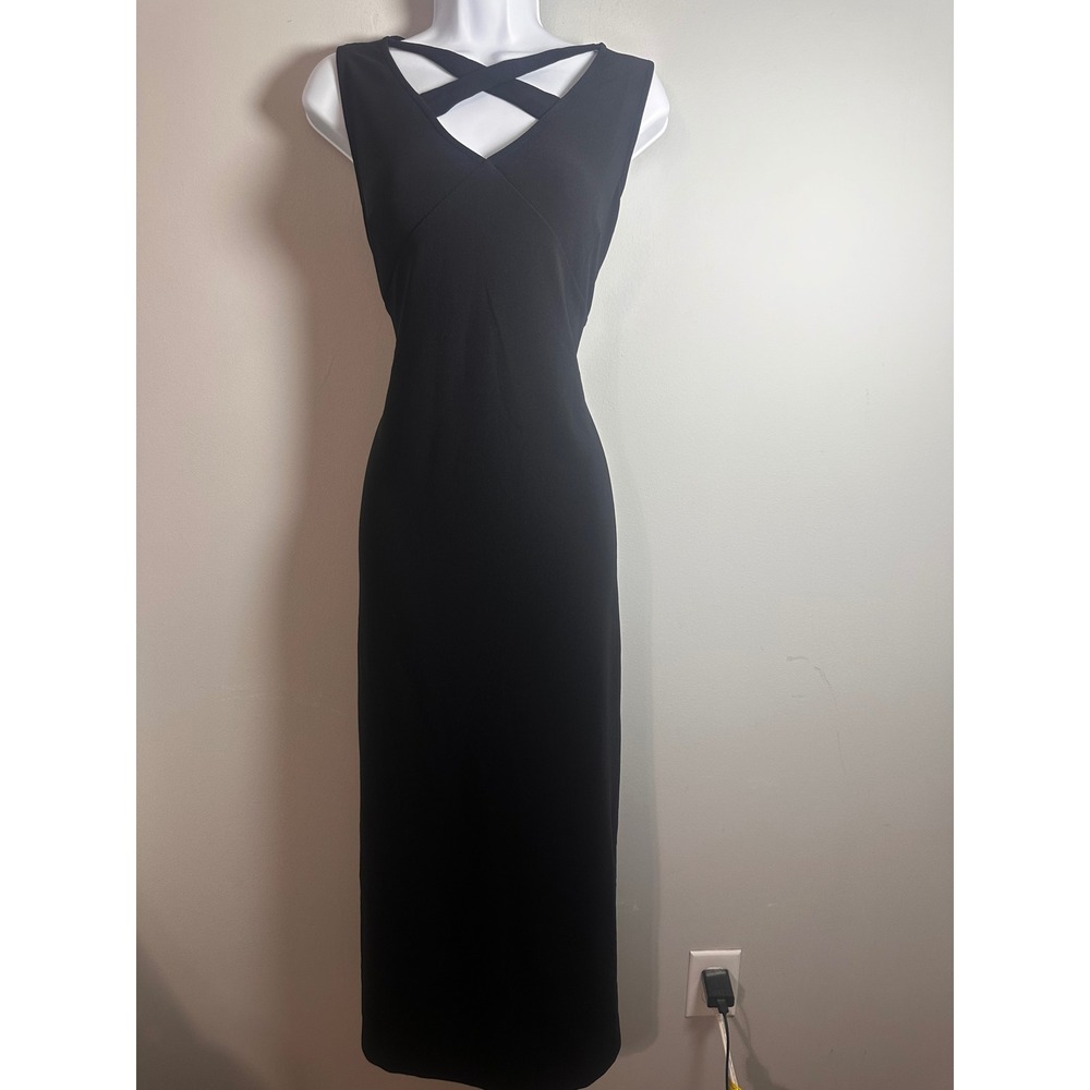 Boston Proper Black Crisscross Lattice V-Neck Sleeveless Maxi Dress High Slits M